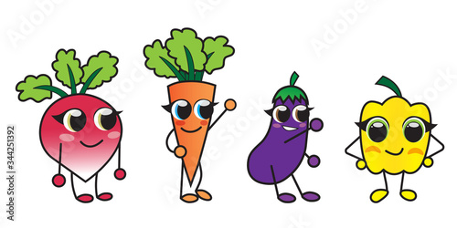 Cute cartoon happy vegetables isolated on white