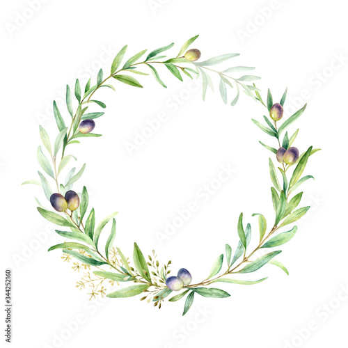 Fototapeta Naklejka Na Ścianę i Meble -  Wreath of Olive Branches.Watercolor hand painted illustration isolated on white background.