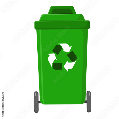 A green recycling bin on a white background