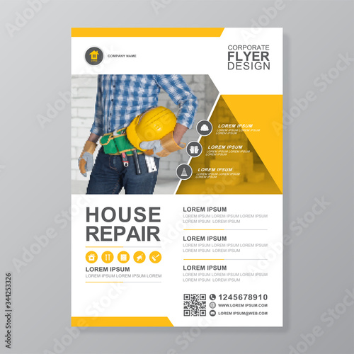 Corporate construction tools cover a4 template and flat icons for a report and brochure design, flyer, banner, leaflets decoration for printing and presentation vector illustration