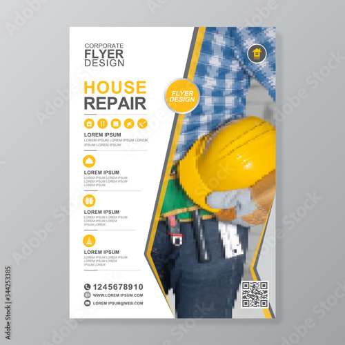 Corporate construction tools cover a4 template and flat icons for a report and brochure design, flyer, banner, leaflets decoration for printing and presentation vector illustration
