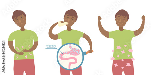 Indian boy drinking yogurt with probiotics bacteria in the gut. Probiotic through magnifying glass in flat style. Prebiotic, lactobacillus vector in yogurt. Dairy contains lactobacillus bacteria
