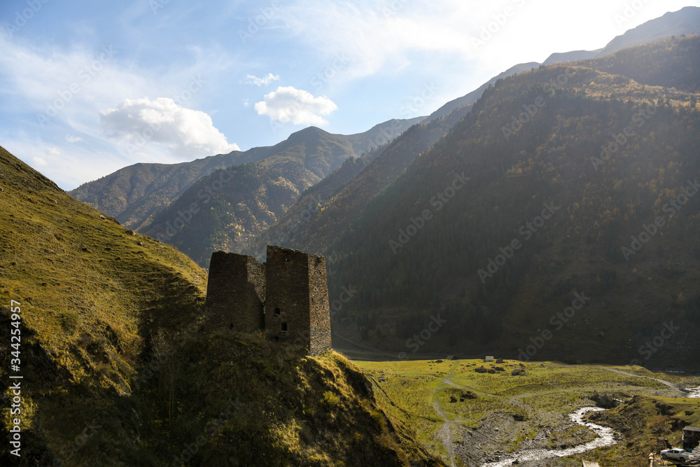 View of a medieval tower in the village of Dartlo