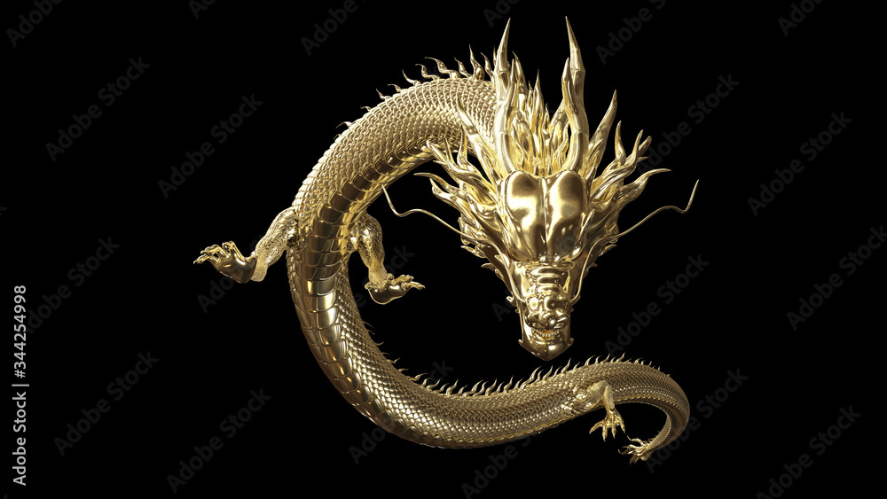 Fototapeta Full body gold dragon in smart pose with 3d rendering include alpha path.