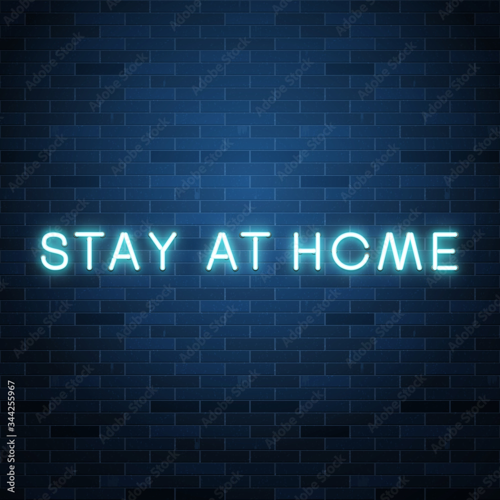 Stay at home neon text. Coronavirus protection, covid-19 virus disease pandemic. Vector illustration