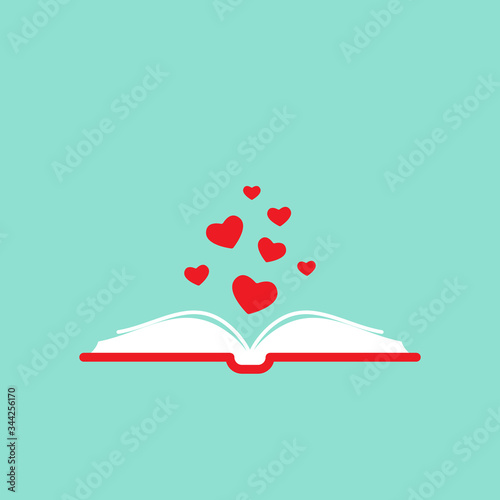 Open book with red cover and red hearts flying out. Isolated on turquoise background.