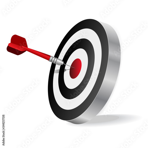 Red dart arrow hitting center target, isolated on white background