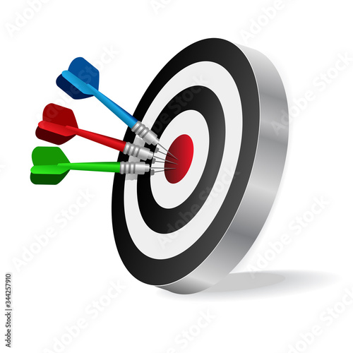 Colored dart arrows hitting center target isolated on white background