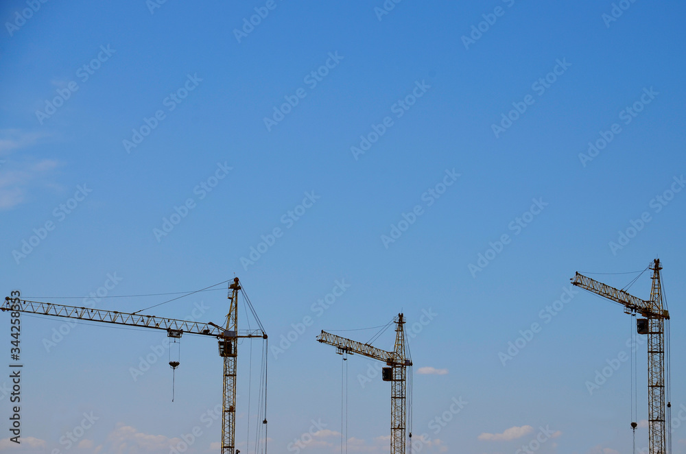 Three large construction cranes against a blue sky.