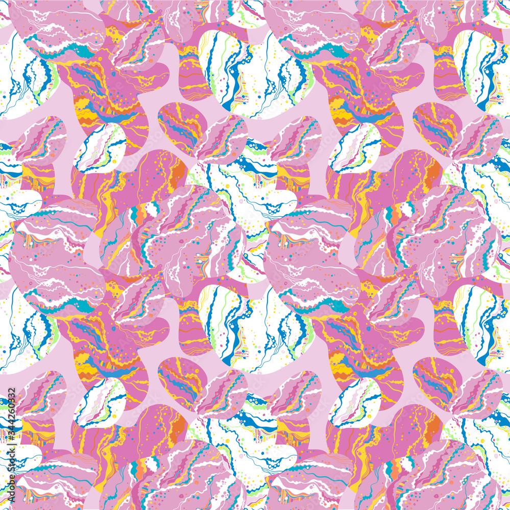 Contemporary vivid multicolor seamless pattern, marble like background with lines in trippy style.