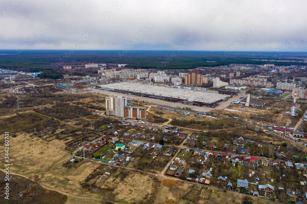 Aerial view of the city of Ivanovo on a spring cloudy day.