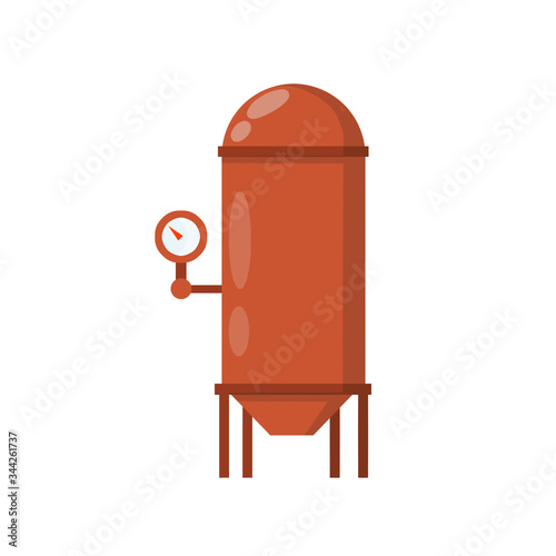 Boiler for heating water. Sanitary engineering. Cartoon flat illustration. Element of house, bath and toilet system. Red tank with pipes and dial