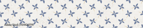 
Seamless tossed floral border pattern. French blue linen shabby chic style. Hand drawn country bloom banner. Rustic woven background. Kitchen towel home decor swatch. Simple flower ribbon trim edge.