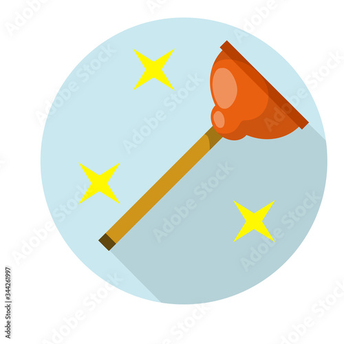 Plunger in blue circle. Drain cleaner. Plumber's tool. Yellow stars shining. red object. Cartoon flat illustration