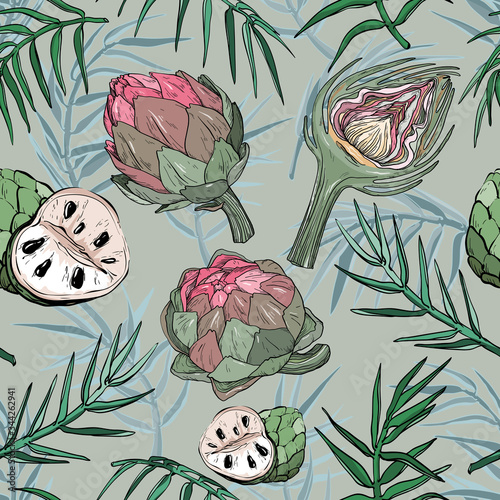 Vector seamless pattern with hand drawn artichoke and cherimoya