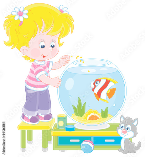 Friendly smiling cheerful small girl with her cute grey kitten feeding a funny striped aquarium butterfly fish in a nursery room at home, vector cartoon illustration on a white background