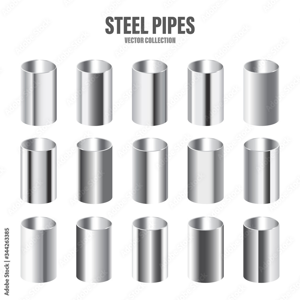 Steel pipes collection. Construction material. Polished metal texture. Silver gradient. Vector illustration. Steel pipes collection. Construction material. Polished metal texture. Silver gradient. Vector illustration.