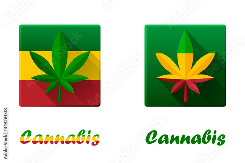 Set of square icons with cannabis, hashish and marijuana.