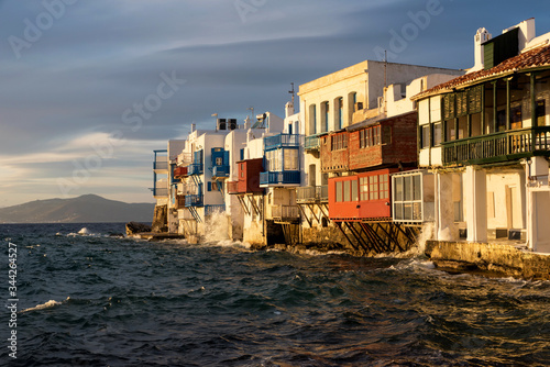 Bright scenic view of the colorful waterfront. Mykonos Town, Greece