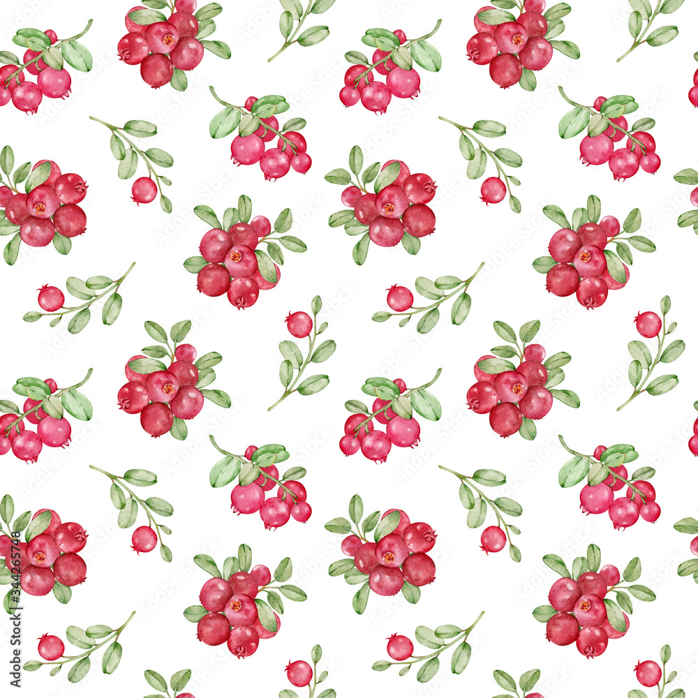 custom made wallpaper toronto digitalWatercolor pattern with red cowberry and green leaves. Forest berries seamless background. Hand-drawn illustration.