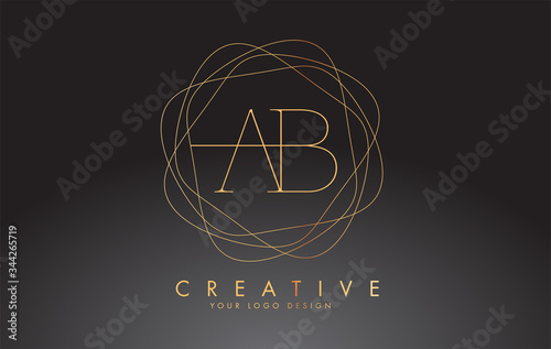 Golden Luxury AB A B Letters Logo Design with Golden Lines Frame.
