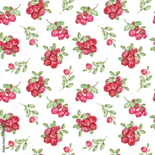 Wallpaper Mural Watercolor pattern with red cowberry and green leaves. Forest berries seamless background. Hand-drawn illustration. Torontodigital.ca
