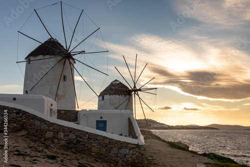Iconic windmills in Mykonos. Cyclades Islands, Greece
