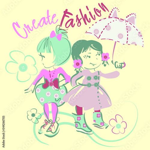 Pretty little fashion girls vector character illustration. Create fashion collection