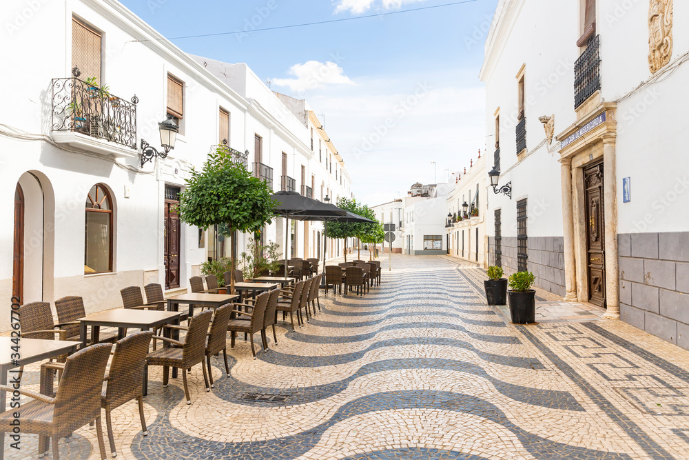 Fototapeta premium a cobbled street with typical white houses in Olivença (Olivenza) town, province of Badajoz, Extremadura, Portugal/Spain