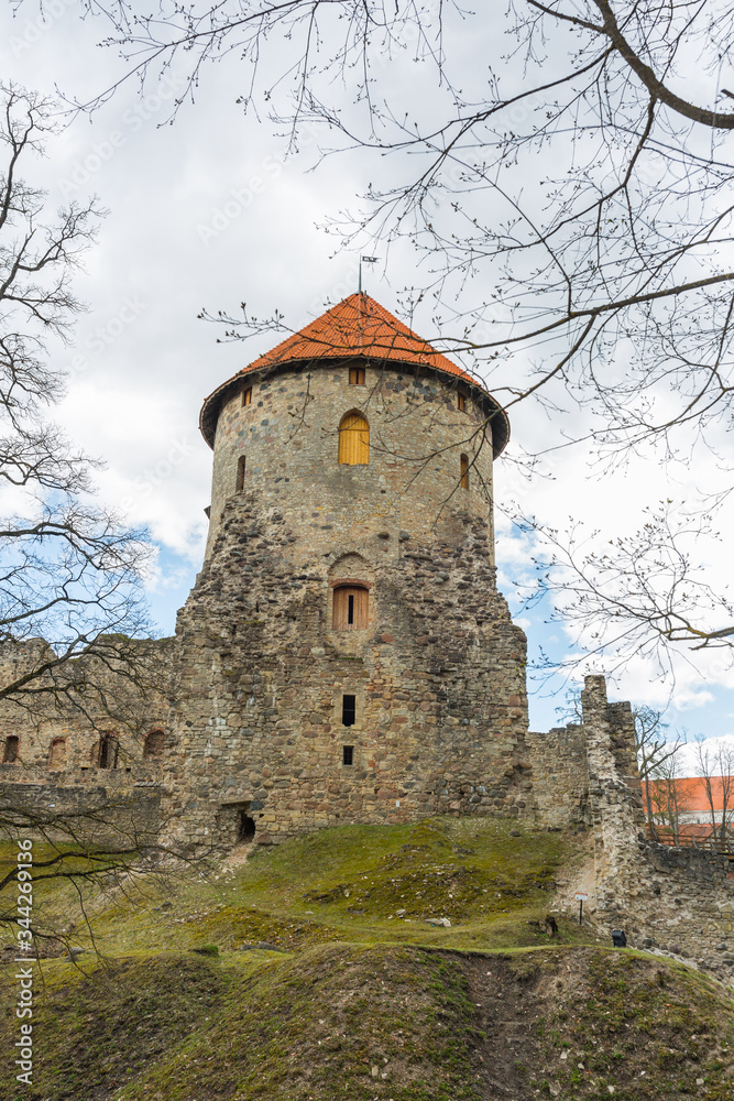 City Cesis, Latvia Republic. 13th century castle with park in spring.