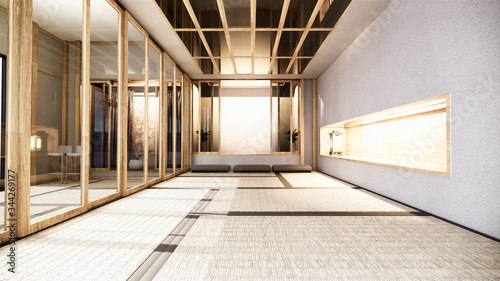 Photography Nihon room design interior with door paper and cabinet shelf wall on tatami mat floor room japanese style