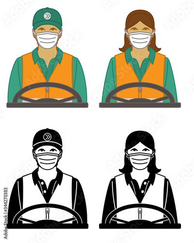 transport driver, female and male wearing protective medical mask as concept of essential worker for 2019 novel coronavirus, COVID-19, isolated on white background