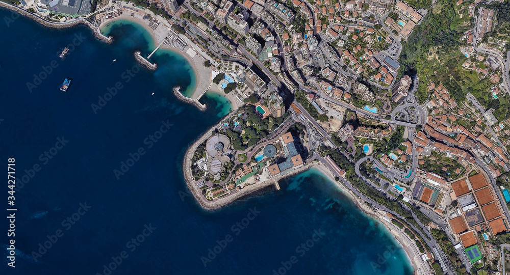 Monaco coast on the Mediterranean sea from the height of a drone flight