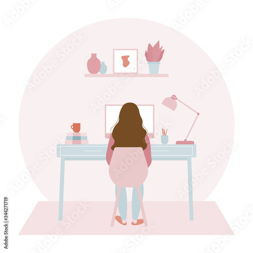 Young woman working on computer at her home office in period of self isolation and social distancing during Covid-19 virus pandemic. Stay at home concept. Freelance or studying concept illustration.