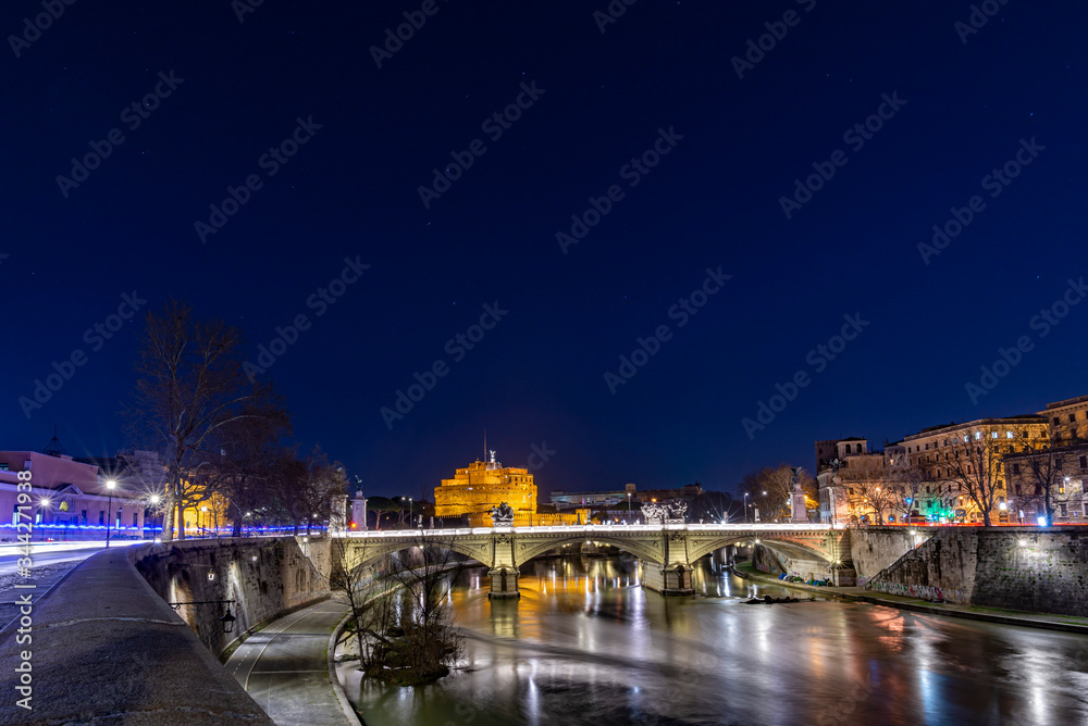 View of  Sant'Angelo Castle, Castello di Sant'Angelo, Rome, Italy at night.