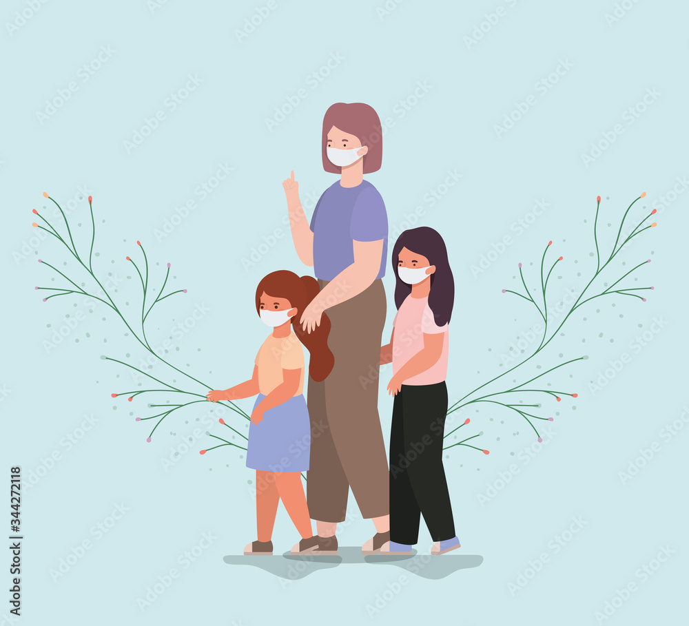 Mother and daughters with masks and leaves vector design Mother and daughters with masks and leaves vector design