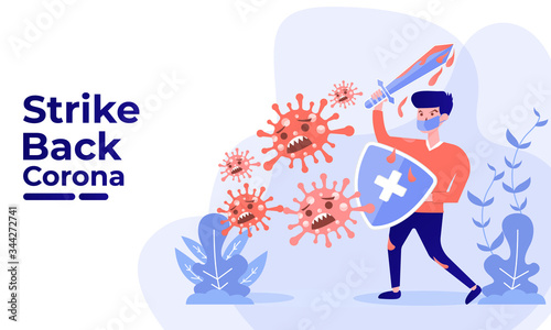 Vector illustration strike back corona covid-19. people fight virus concept. end of 2019-ncov. don't be afraid of the corona virus concept