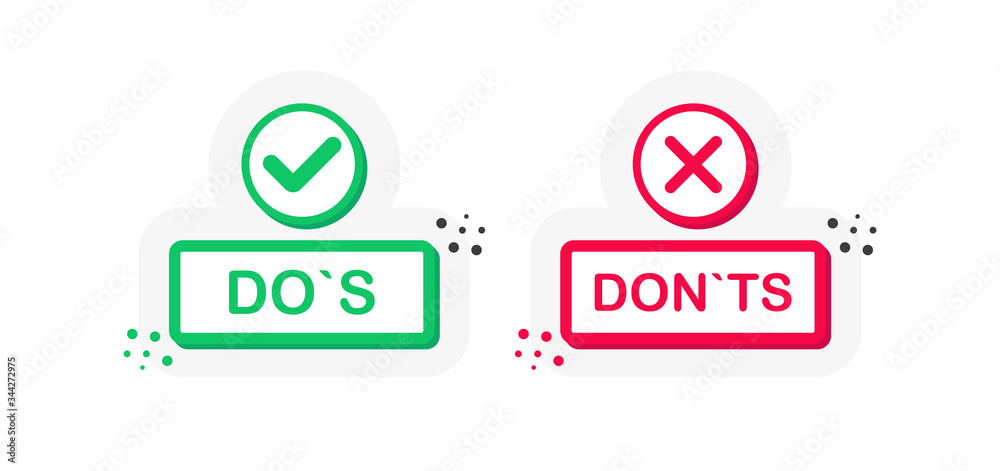 Two buttons on white background. Do`s and Don`ts. Red and green. Thumbs up and thumbs down. Vector Two buttons on white background. Do`s and Don`ts. Red and green. Thumbs up and thumbs down. Vector