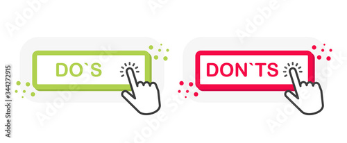 Two buttons on white background. Do`s and Don`ts. Red and green. Pointer click. Thumbs up and thumbs down. Vector
