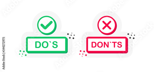 Two buttons on white background. Do`s and Don`ts. Red and green. Thumbs up and thumbs down. Vector