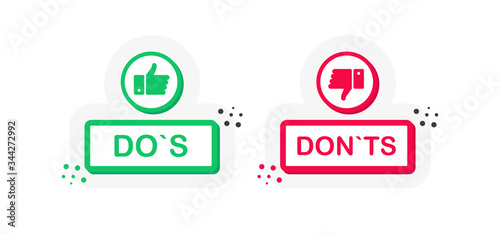 Two like buttons on white background. Do`s and Don`ts. Red and green. Thumbs up and thumbs down. Vector