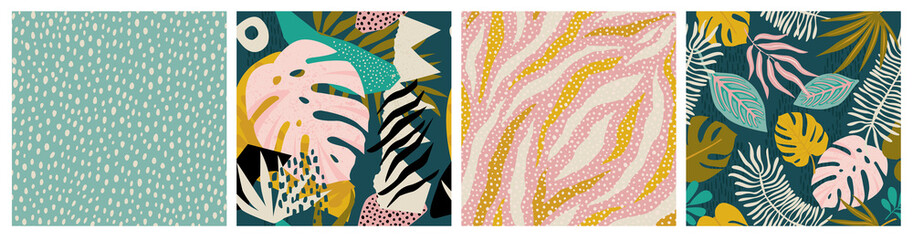 Gardinen Tiermuster Collage tropical and polka dot seamless pattern set. Modern exotic design for paper, fabric, interior decor  © Angelina Bambina