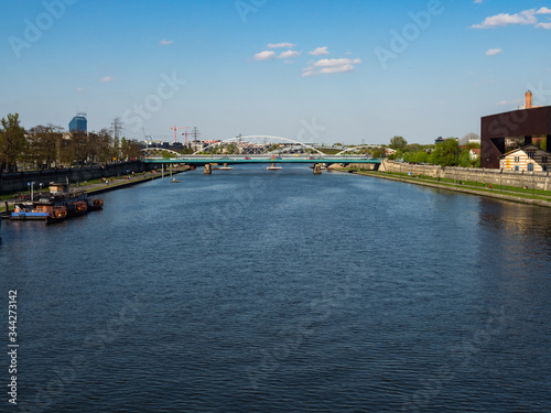  View over Vistula river and bridge form Bernatka footbridge. Cracow, Poland