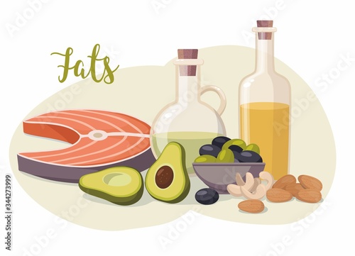 High fat food isolated on white. Olive oil, olives, avocado, fish and nuts.