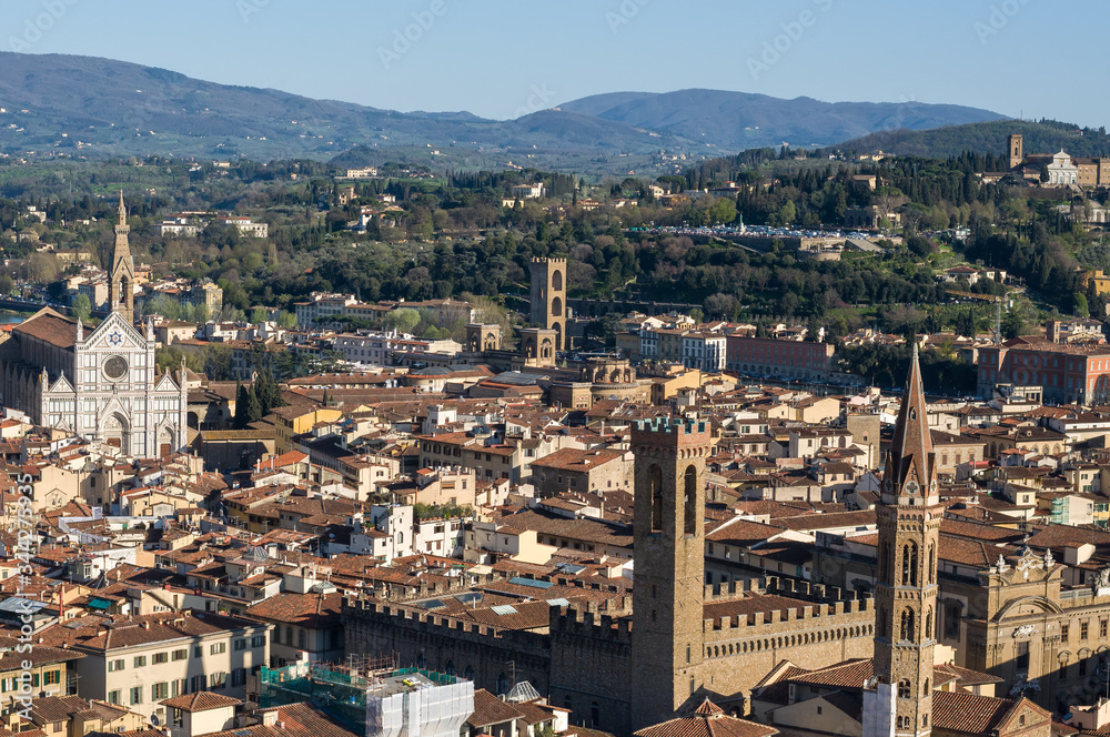 The Basilica di Santa Croce (Basilica of the Holy Cross) is the principal Franciscan church. Palazzo del Bargello and Badia Fiorentina. Aerial view from Giotto's Campanile. Florence, Tuscany, Italy.