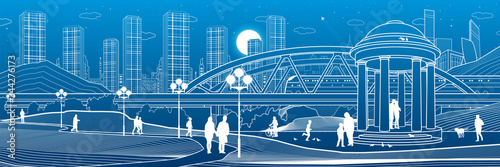 Illustration of urban rest in the park. Train rides on bridge. Garden house. Relaxation infrastructure. Evening city scene. People walking. White lines on blue background. Vector design art
