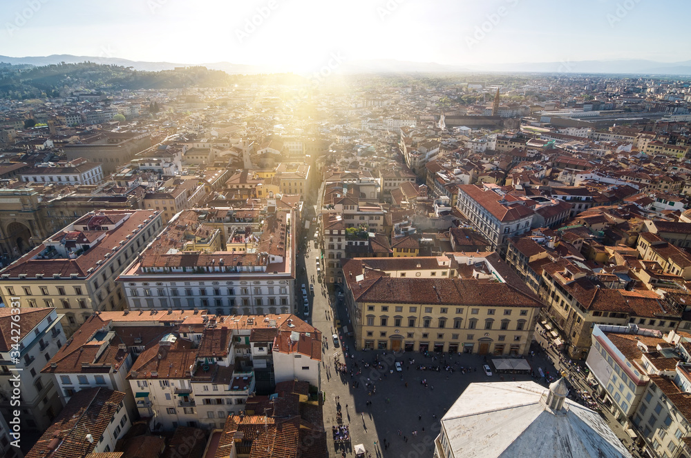 Piazza del Duomo (Cathedral Square) and old city. Aerial view from Giotto's Campanile. Florence, Tuscany, Italy.
