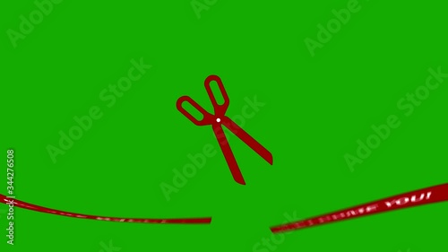 scissors cut a ribbon with the inscription we are happy, welcome to us.animated video for presentation and opening of stores, special occasions.a green background is used.
