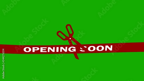 scissors cut the ribbon with the inscription open soon.animated video for presentation and opening of stores, special occasions.a green background is used.