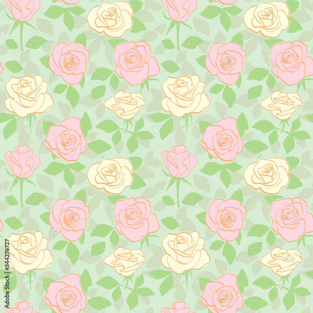 decorative seamless pattern with yellow and pink roses and green leaves - vector floral background decorative seamless pattern with yellow and pink roses and green leaves - vector floral background